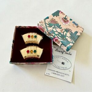 Vintage Gold Tone Scarf Tube Set With Red Green Yellow Rhinestone Accents